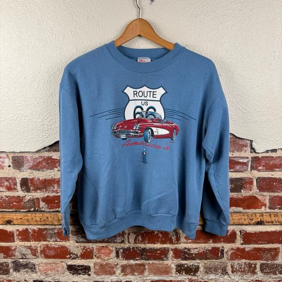 Vintage Route 66 Sweatshirt Medium Blue Fleece Crewneck Main Street Classic Car - Picture 1 of 7